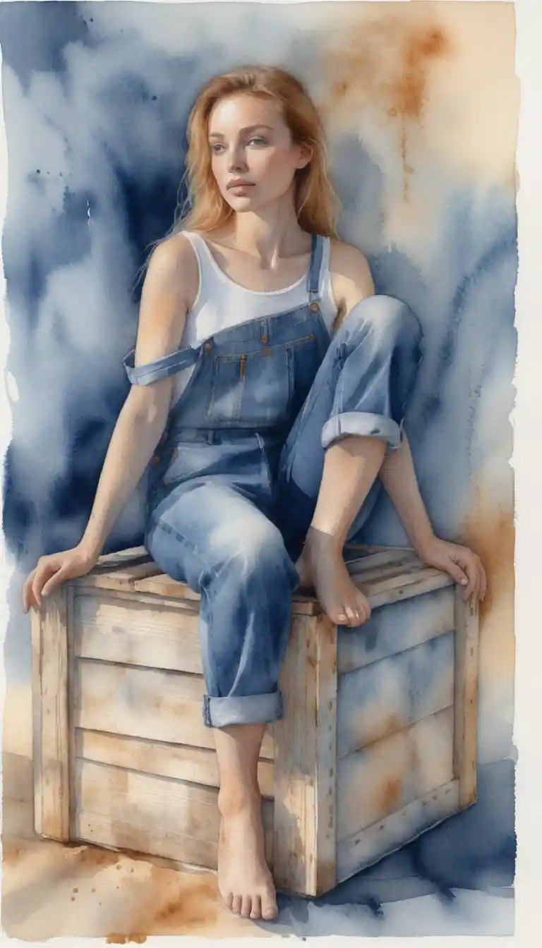 Woman in denim overalls sitting barefoot on wooden crate