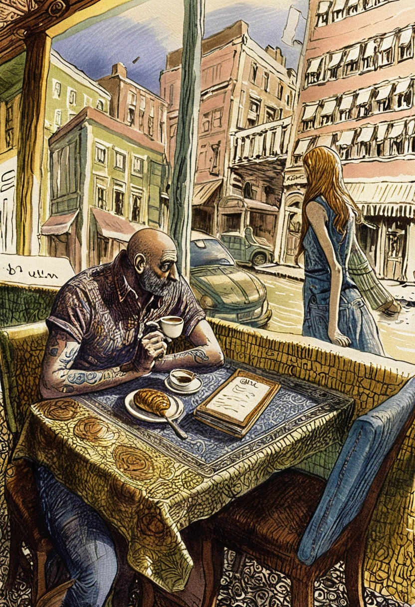 Tattooed man alone in a vintage diner with coffee