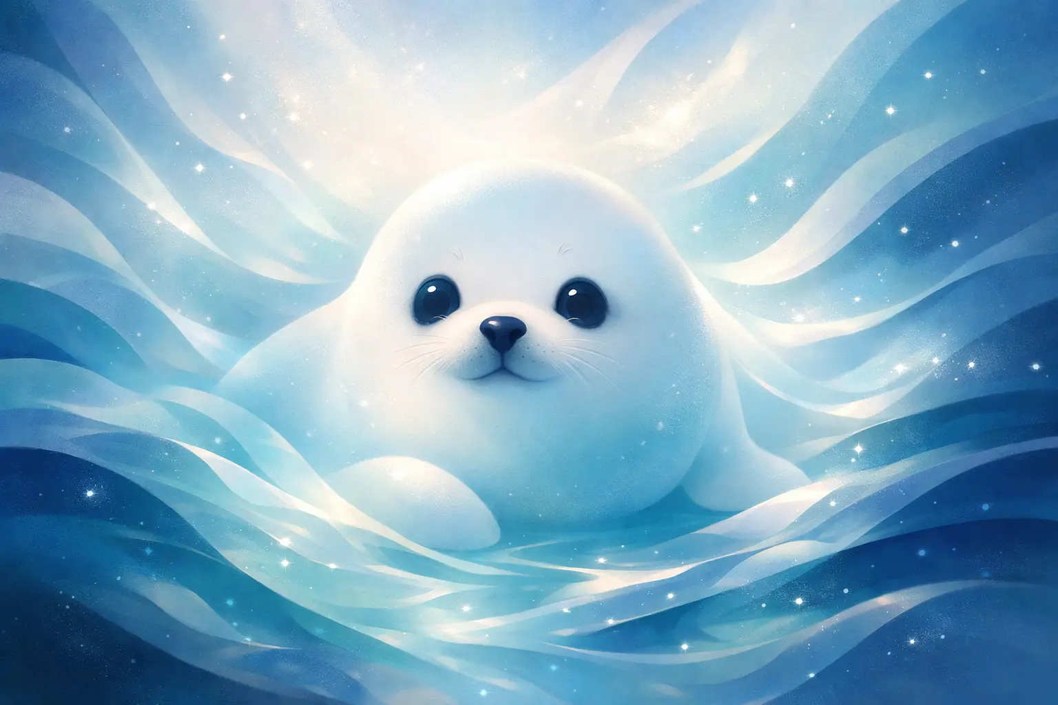 Minimal abstract baby seal blending into fluid ocean shapes
