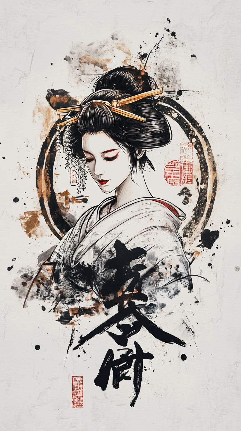Vintage tshirt design with sumi e geisha and typography