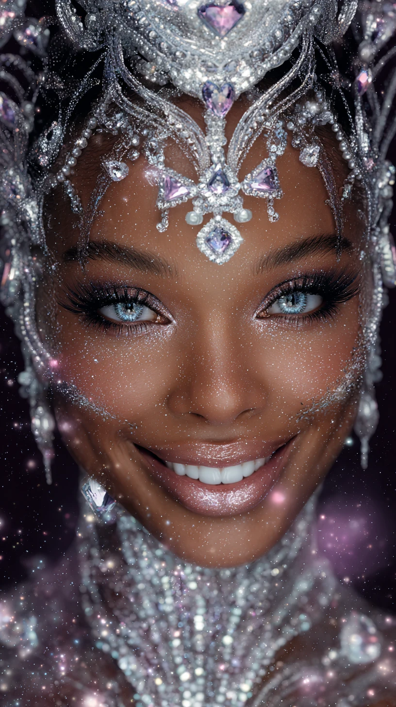 Mujer gótica futurista sonriendo con tocado de joyas en primer plano