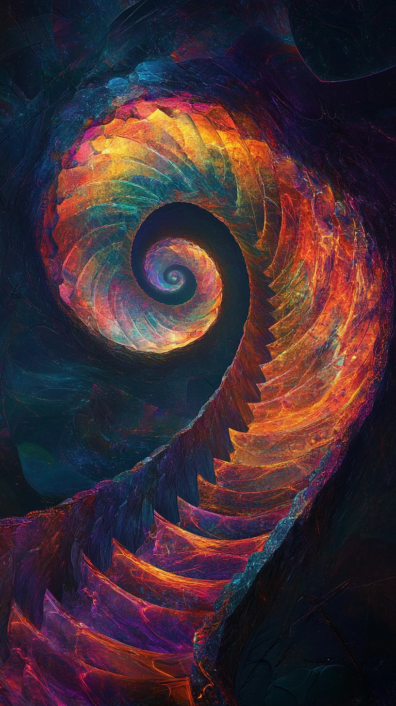 Escada em Espiral Brilhante de Fios Coloridos no Vazio
