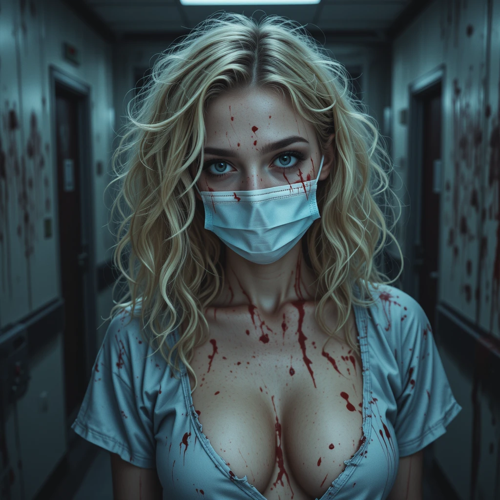 Blonde nurse in bloody mask in a dark hospital corridor