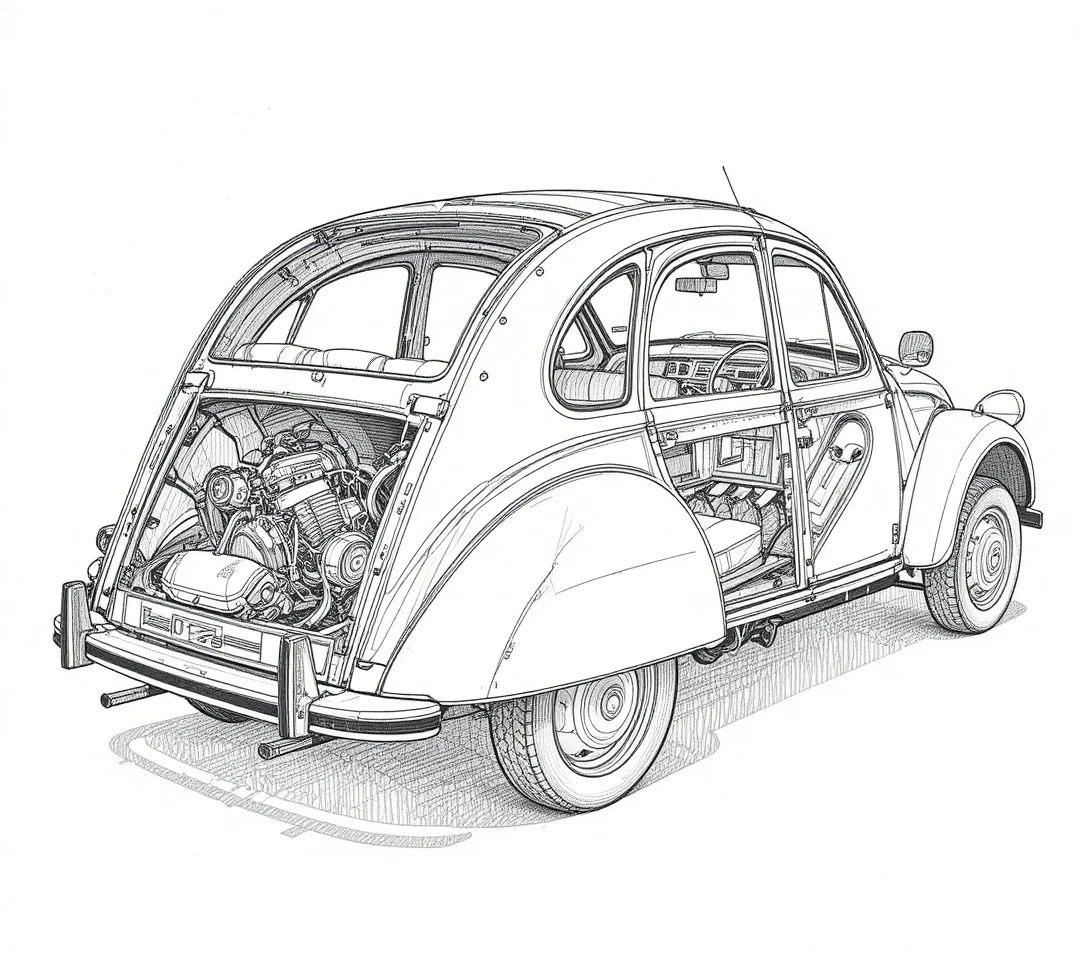 Desenho técnico em corte de um carro clássico em vista isométrica