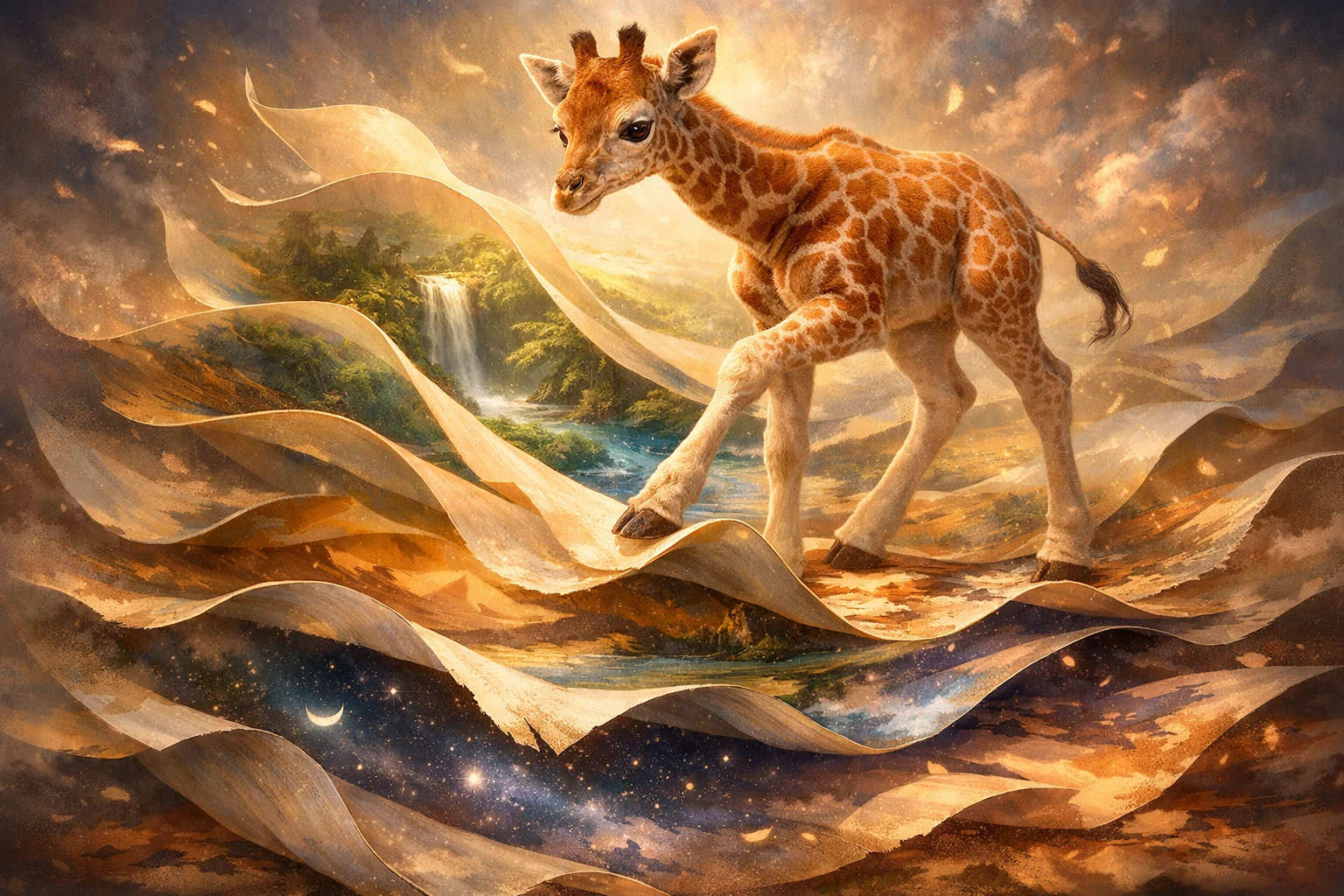 Giraffa cucciolo che cammina in un paesaggio fantastico surreale a strati