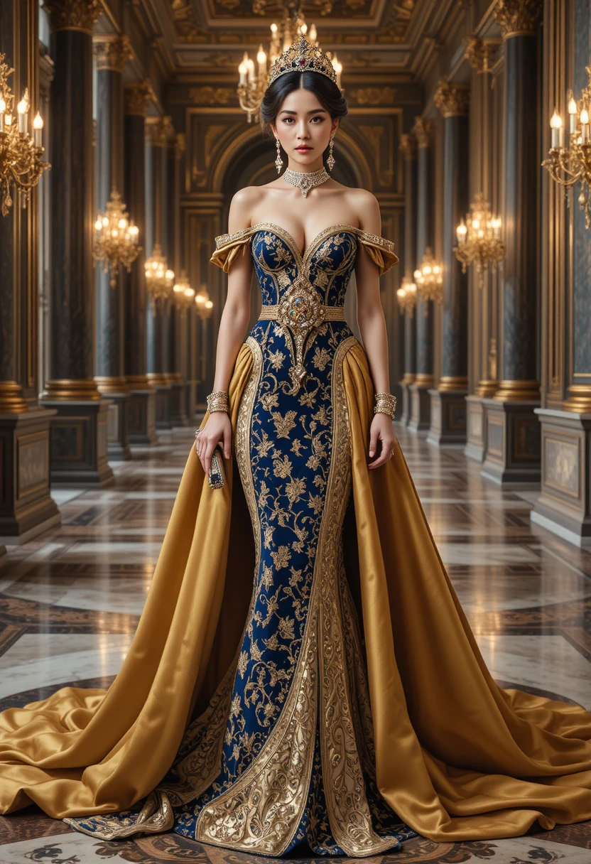 Donna elegante in abito zaffiro in un salone di palazzo