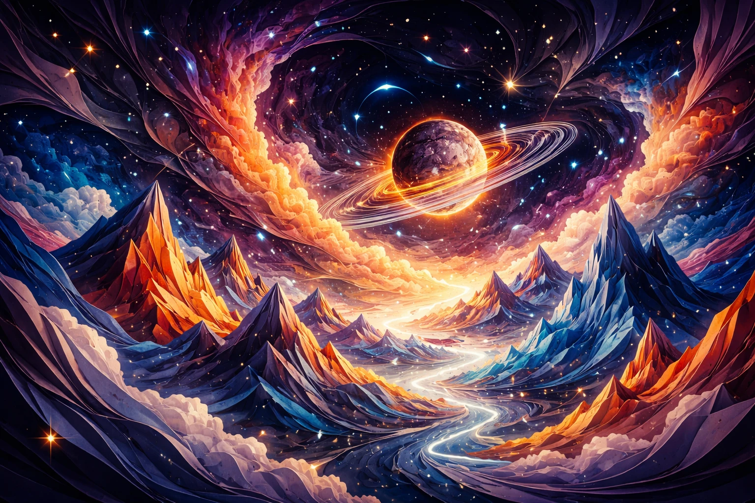 Paisagem de nebulosa cósmica em papercraft com montanhas flutuantes
