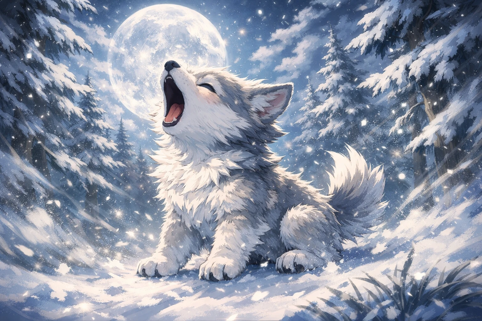 Filhote de lobo uivando sob a lua brilhante em floresta nevada