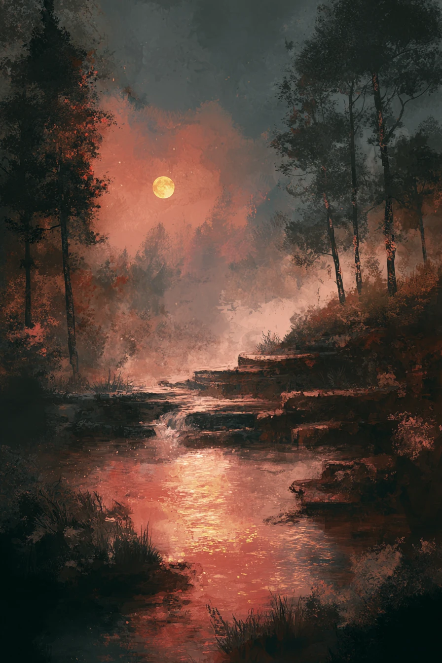 Surreal flowing water beneath a birch forest moonlit sky