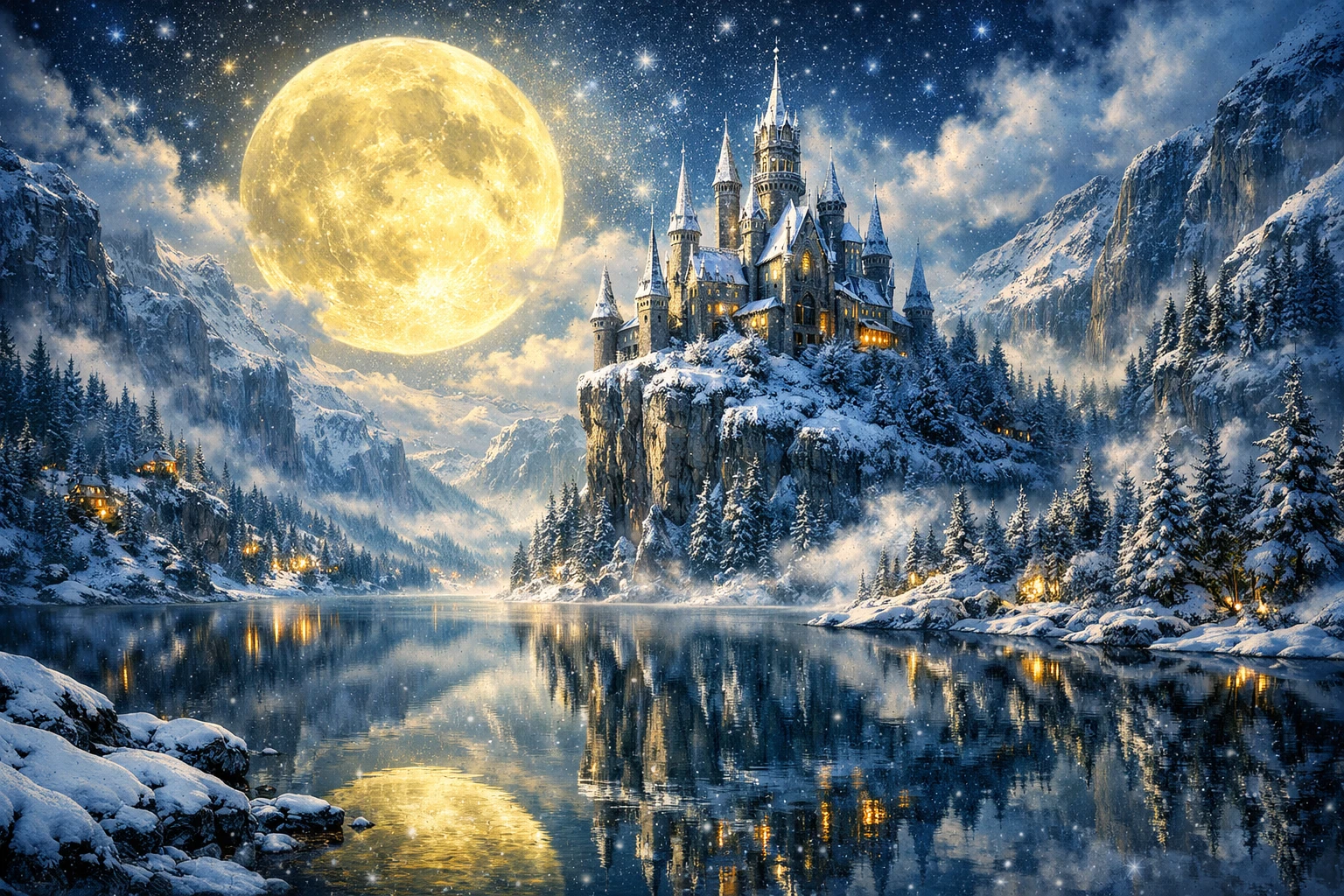 Castelo de Neve Majestoso sob a Lua de Inverno Brilhante