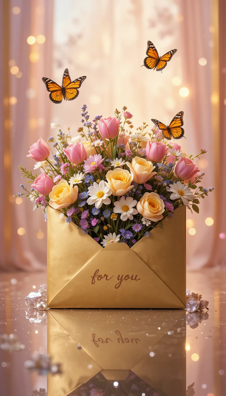 Romantischer Tulpenstrauß in goldenem Umschlag mit Schmetterlingen