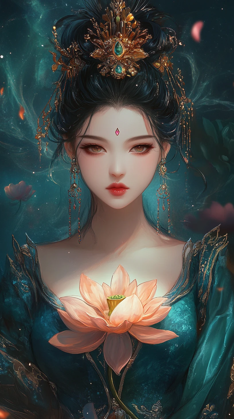 Ethereal Asian empress with glowing lotus in cosmic space