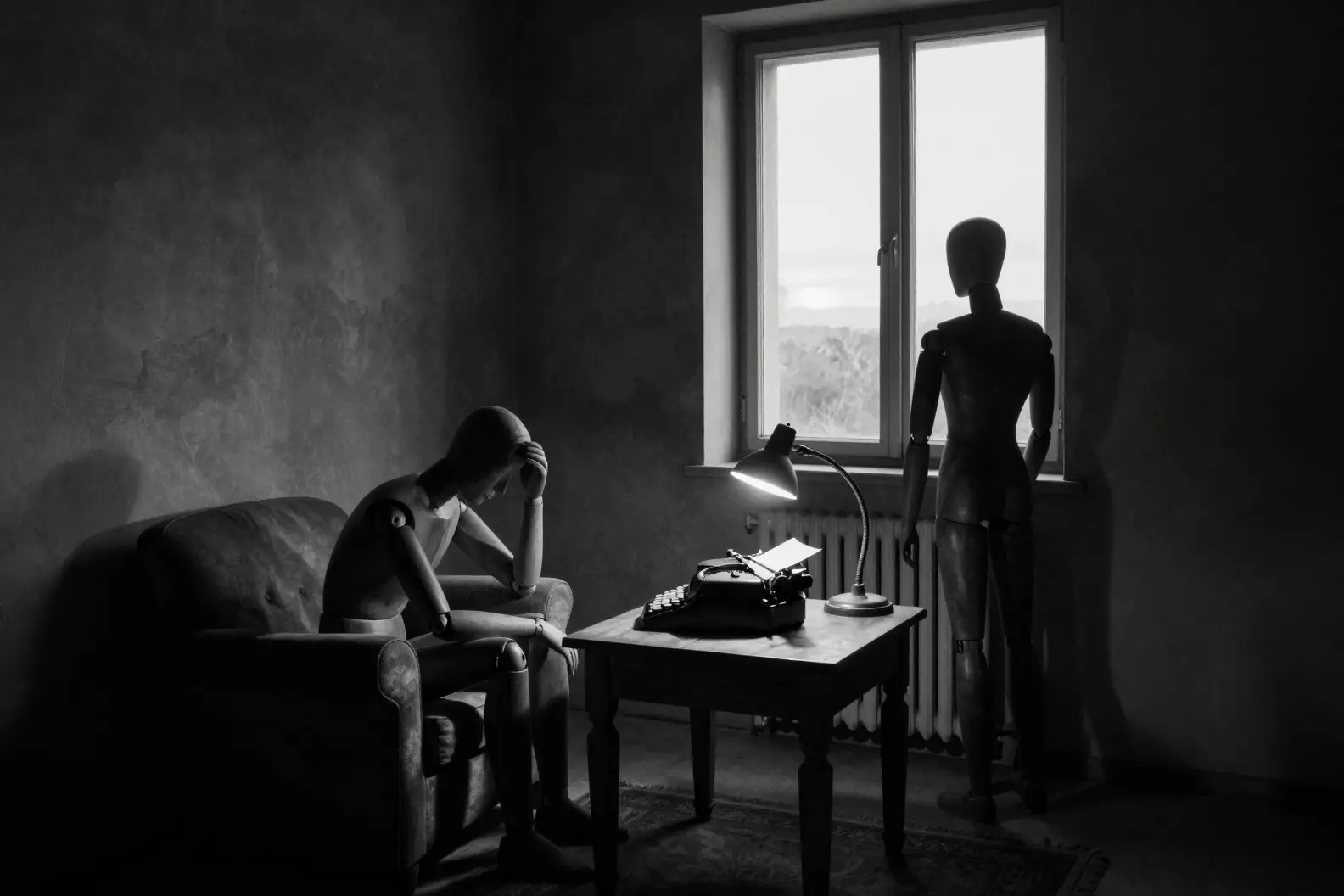 Melancholic mannequins in a dim black and white interior