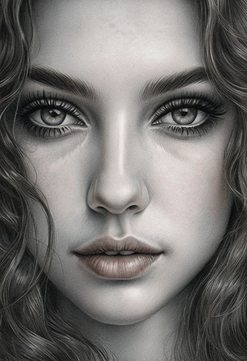 Hyperrealistic pencil portrait of a young woman face close up