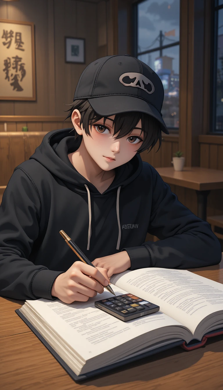 Anime boy studying in a cozy cafe with warm light