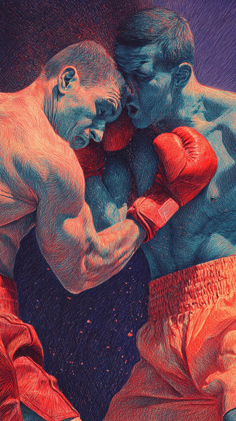 Dramatic colored pencil illustration of two boxers trading blows
