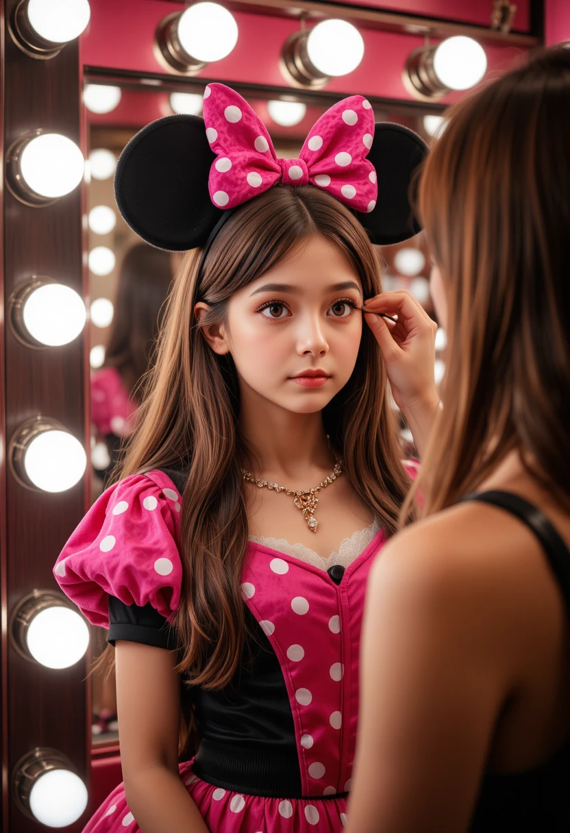 Boy in pink Minnie dress getting makeup in boutique