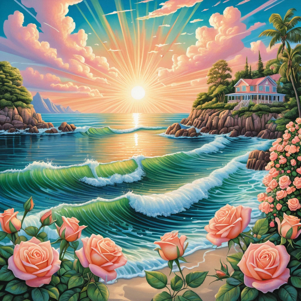 Paisagem marítima de verão com raios de sol e rosas em tom pêssego em flor