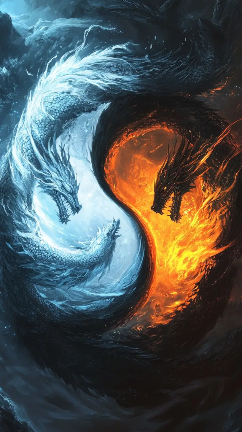 Yin-Yang-Symbol mit entgegengesetzten Eis- und Feuerdrachen