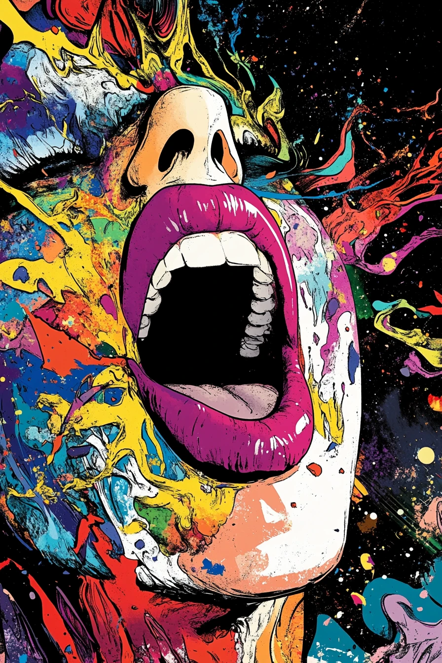 Scène cosmique colorée avec lèvres en macro au style bande dessinée