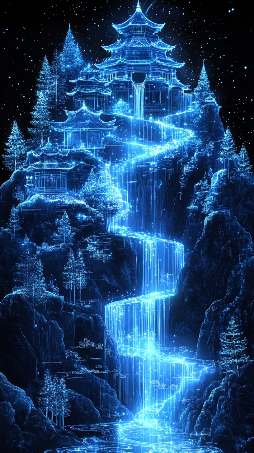 Pagodes de Montagne Bleues Lumineuses Déployées depuis un Parchemin de Cristal