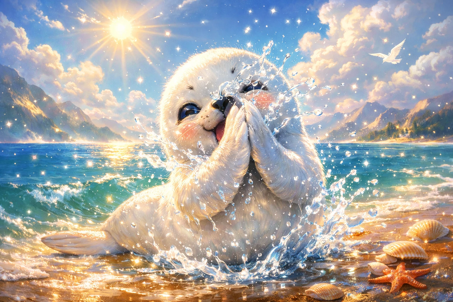 Filhote de foca brincalhão batendo palmas na beira de uma praia ensolarada