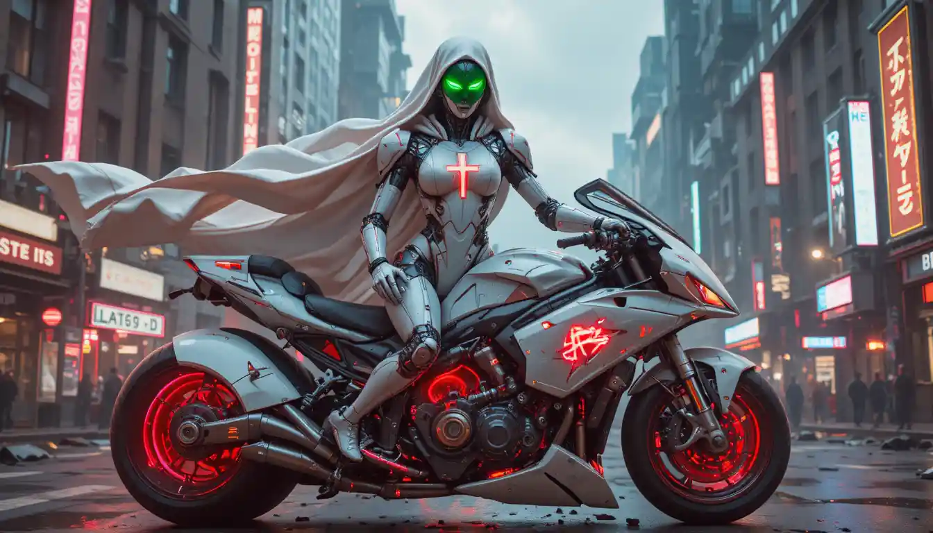 Templar inspired female robot riding a neon futuristic bike