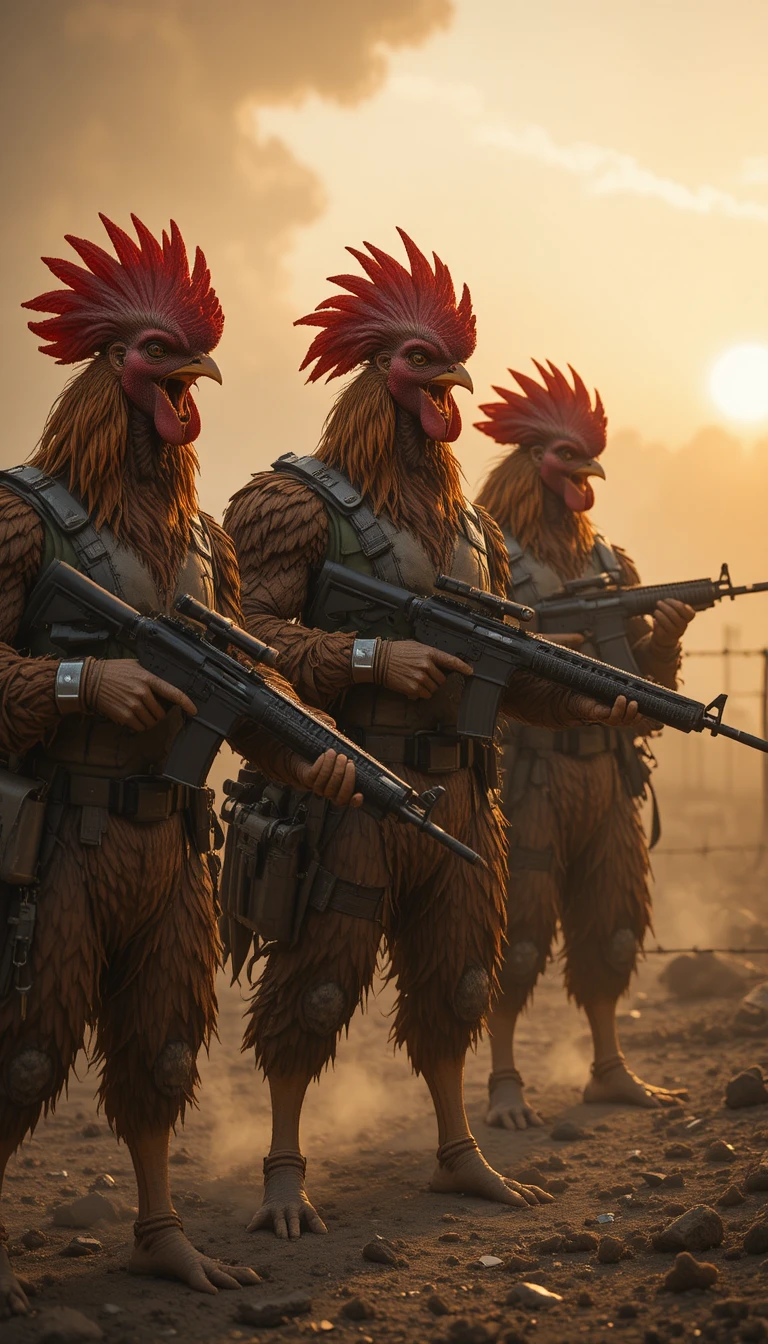 Armed fighting roosters stand ready on a smoky battlefield