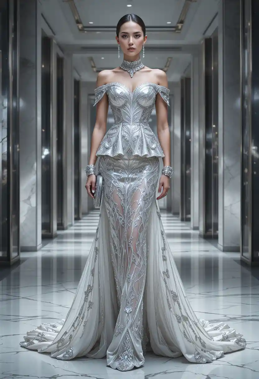 Elegant couture woman in platinum sculptural evening gown
