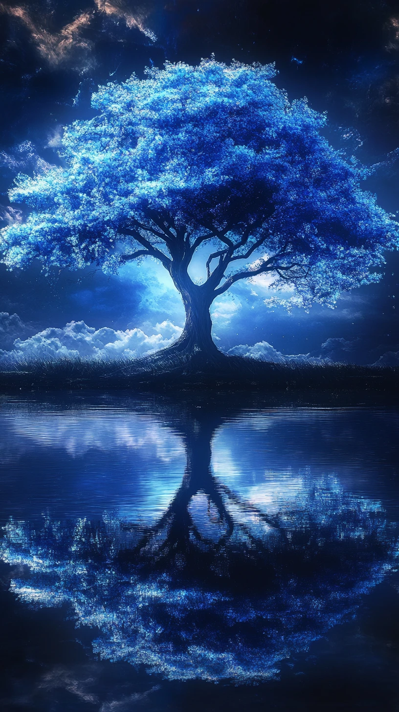 Albero blu luminoso riflesso in un'acqua scura e immobile