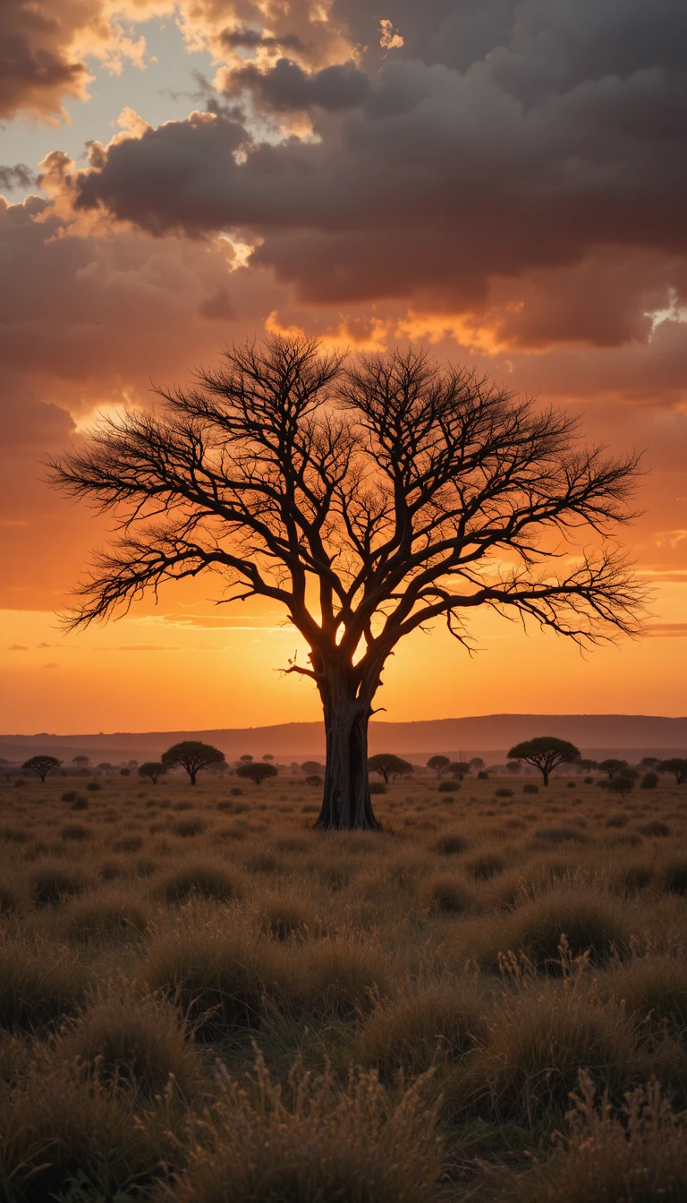 Árvore solitária em savana dramática ao pôr do sol incandescente