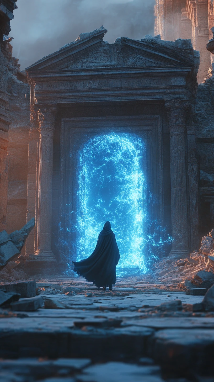 Viandante incappucciato di fronte a un portale luminoso tra antiche rovine