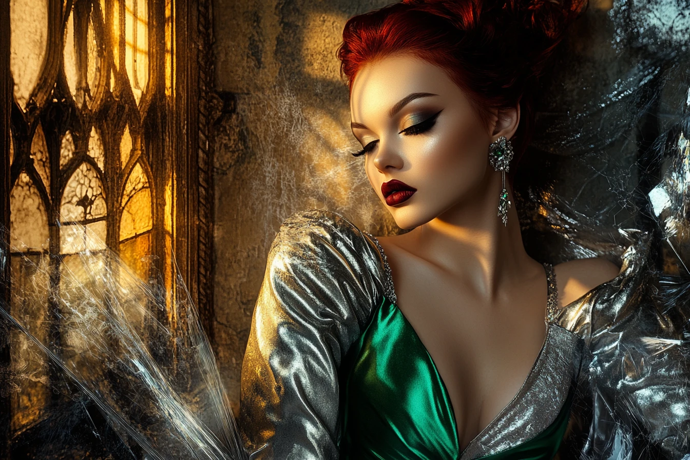 Cyber geisha woman in golden hour by gothic studio window