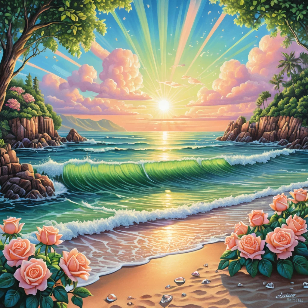 Joyful summer seascape with roses and sunlit azure waves