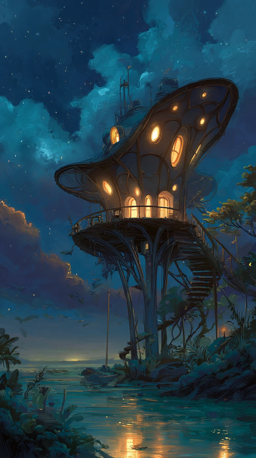 Fantastical stilt house glowing above shimmering twilight water