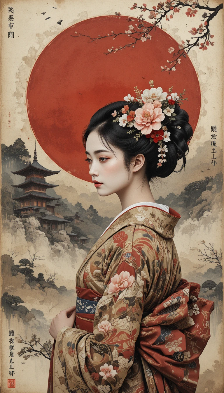 Retrato impressionista de uma gueixa entre motivos japoneses em camadas