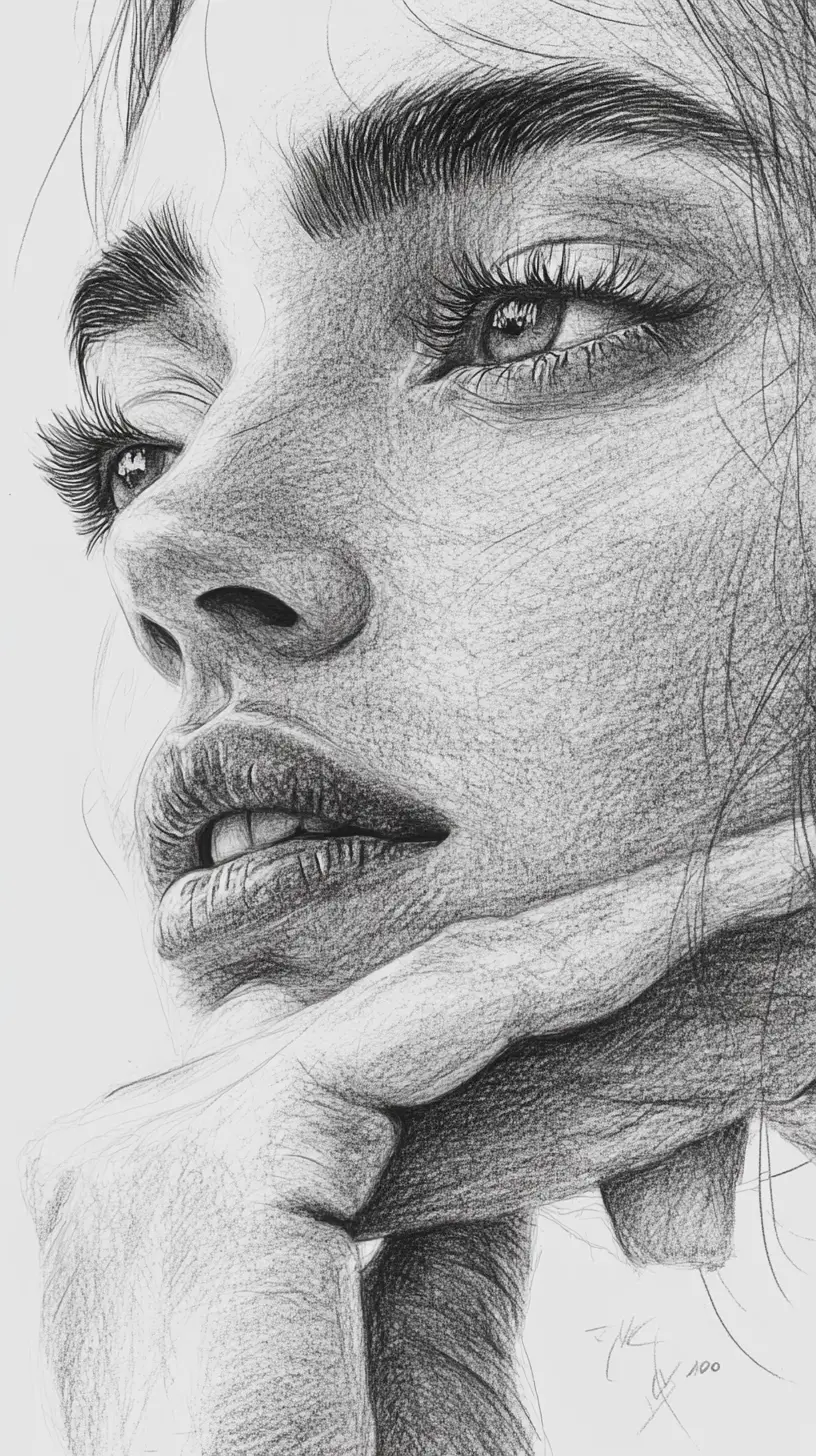 Thoughtful pencil sketch portrait in close up profile view