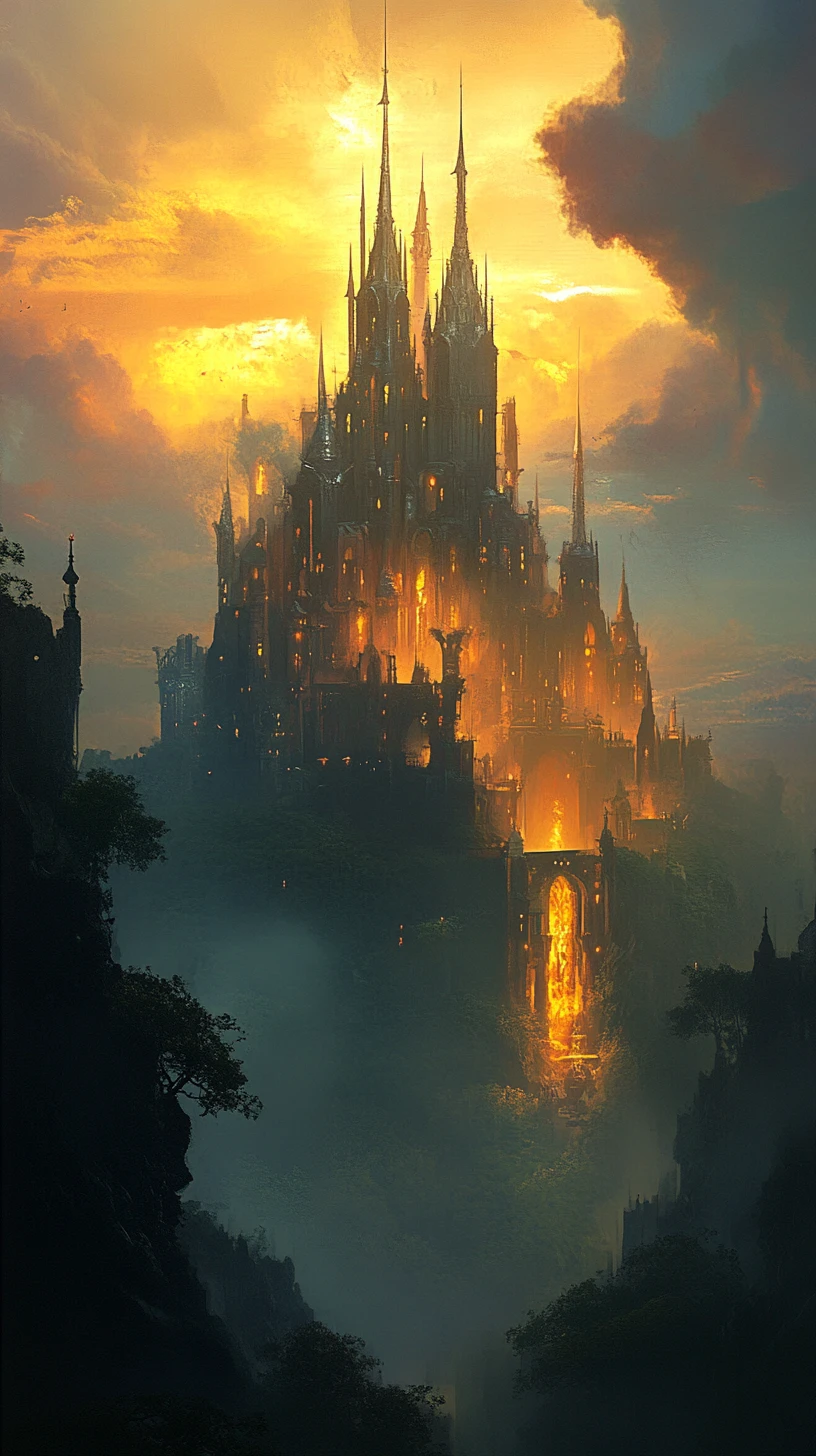 Castelo de fantasia etéreo erguendo-se em um céu de pôr do sol brilhante