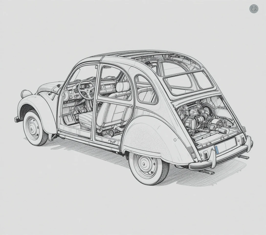 Desenho técnico em corte de um carro compacto clássico