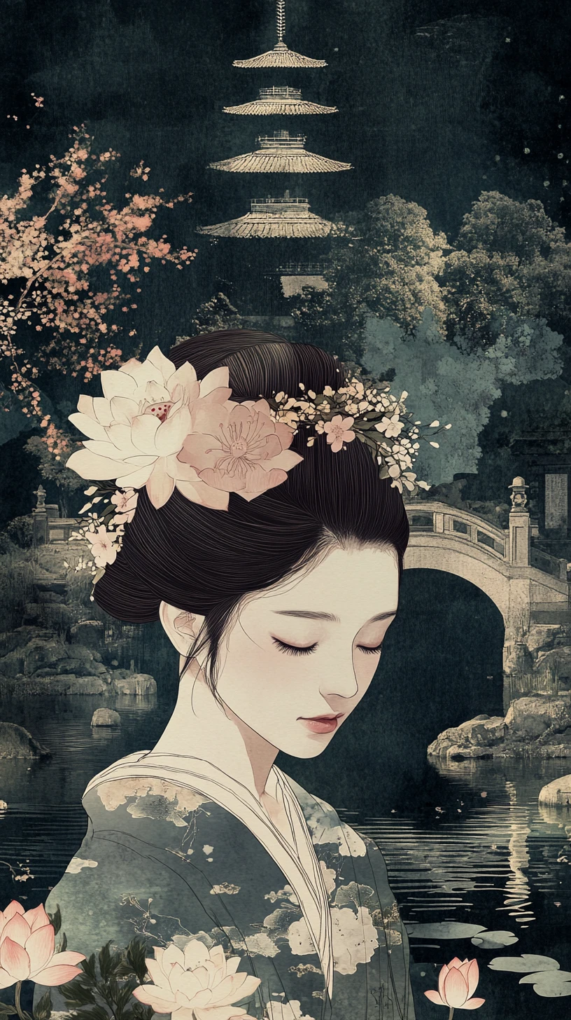 Japanische Frau im Kimono, die mit einem ruhigen Garten verschmilzt