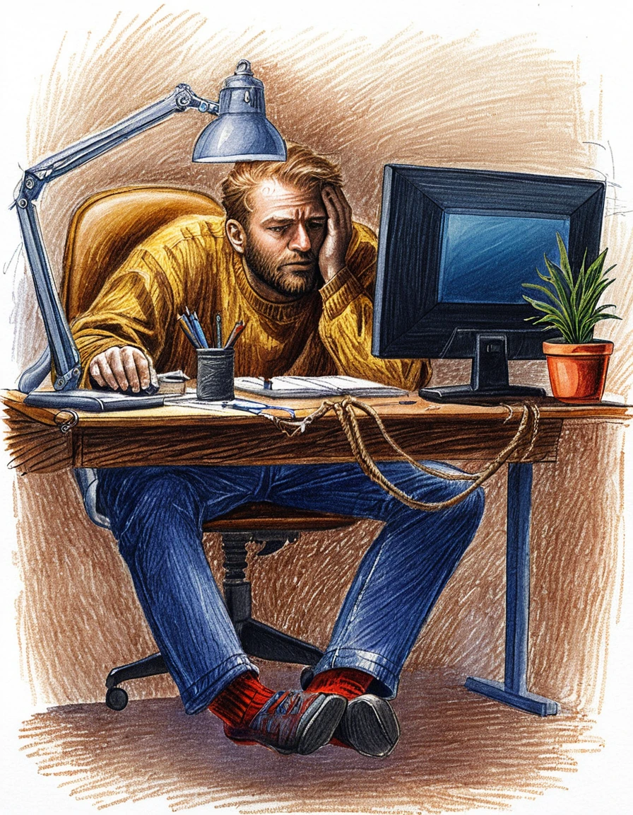 Uomo stanco alla scrivania del suo home office con calda luce di lampada