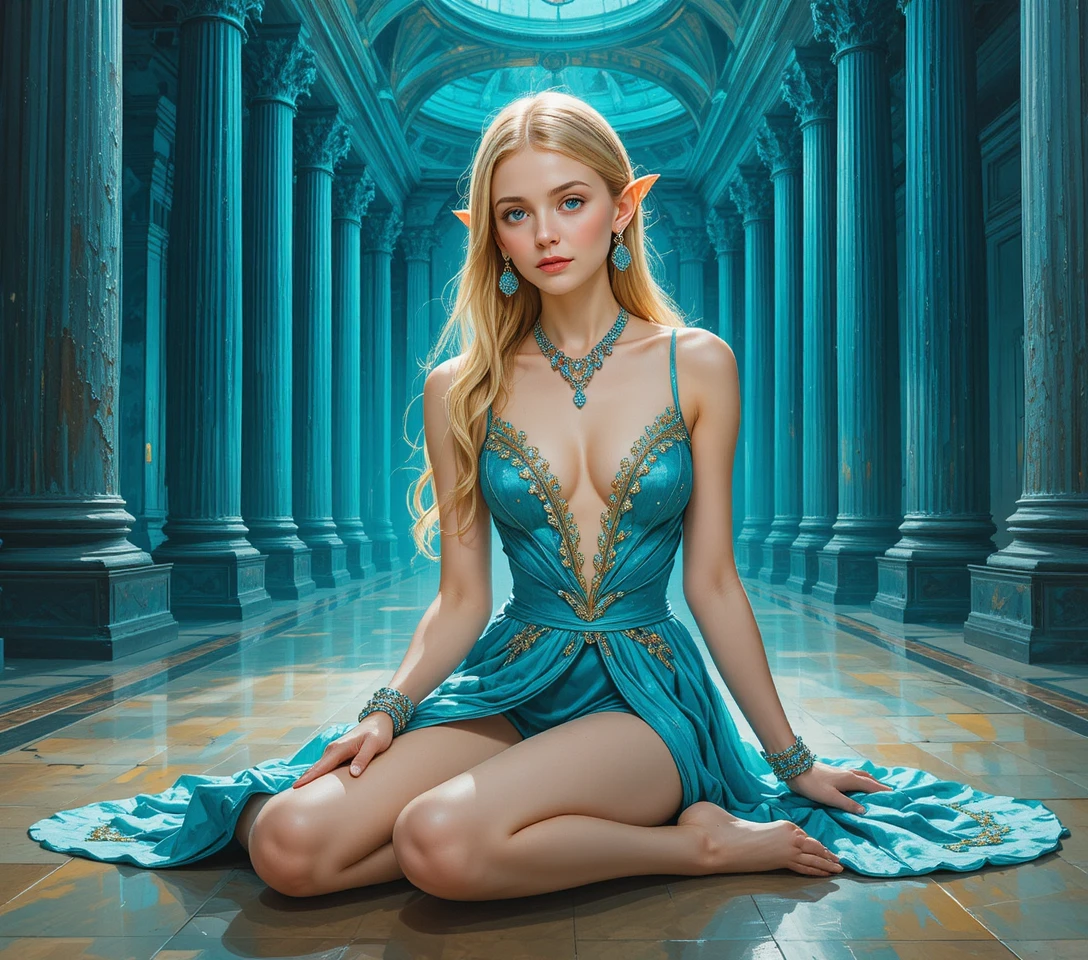 Ragazza elfa con abito turchese in una luminosa sala fantasy