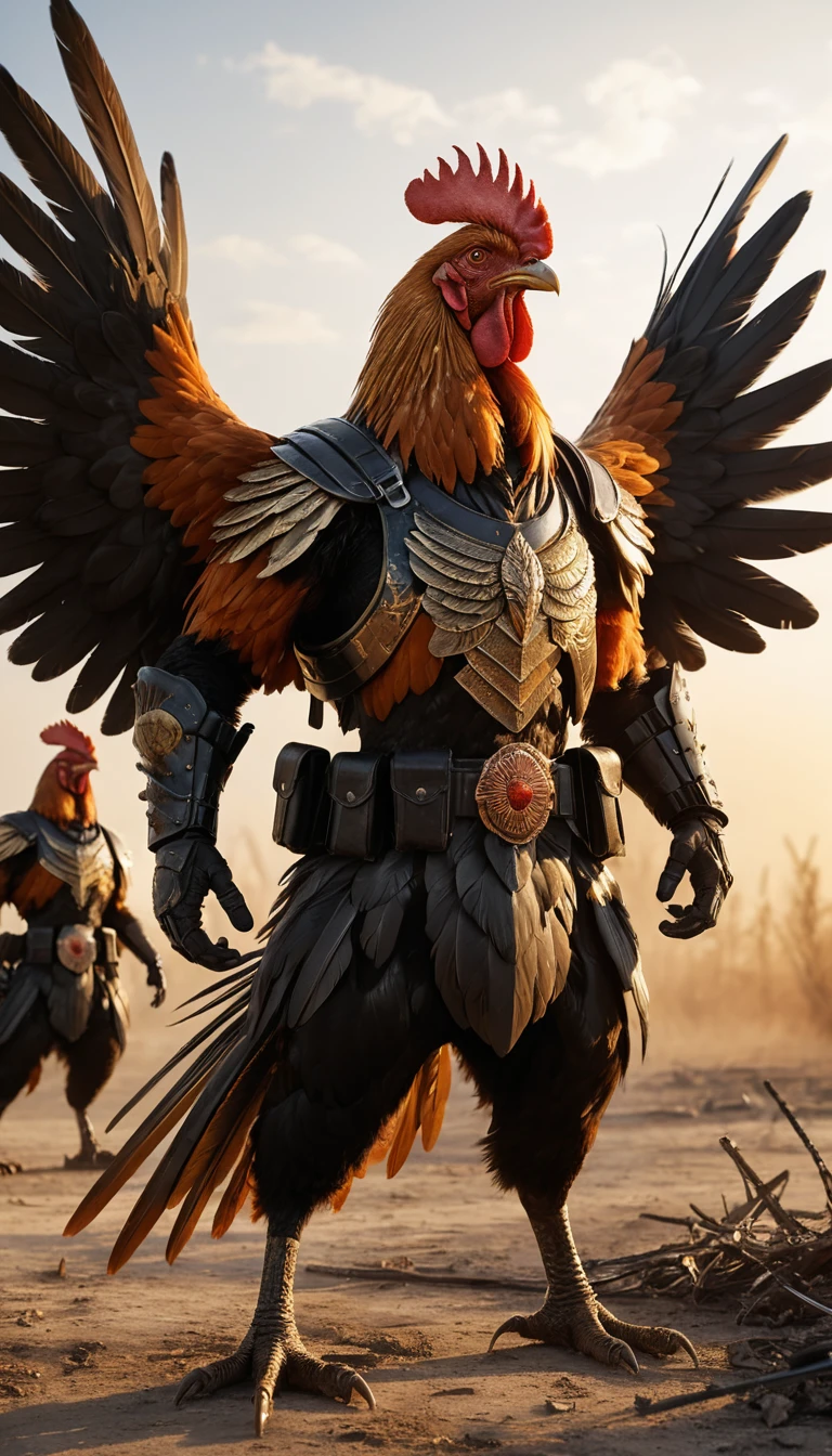 Armed Battle Roosters Standing Ready On Dusty Battlefield