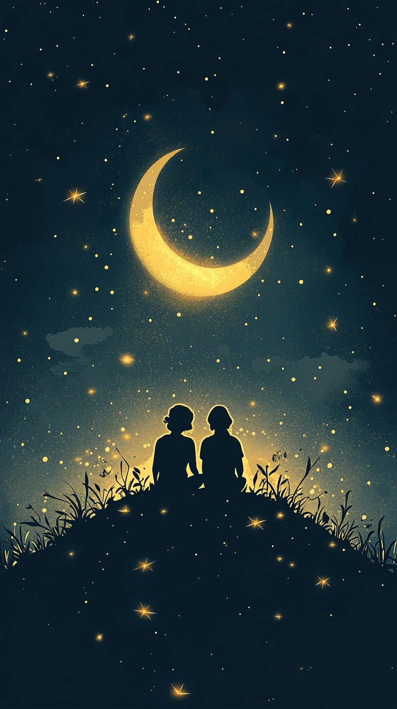 Duas silhuetas sob uma lua crescente com vaga-lumes brilhantes