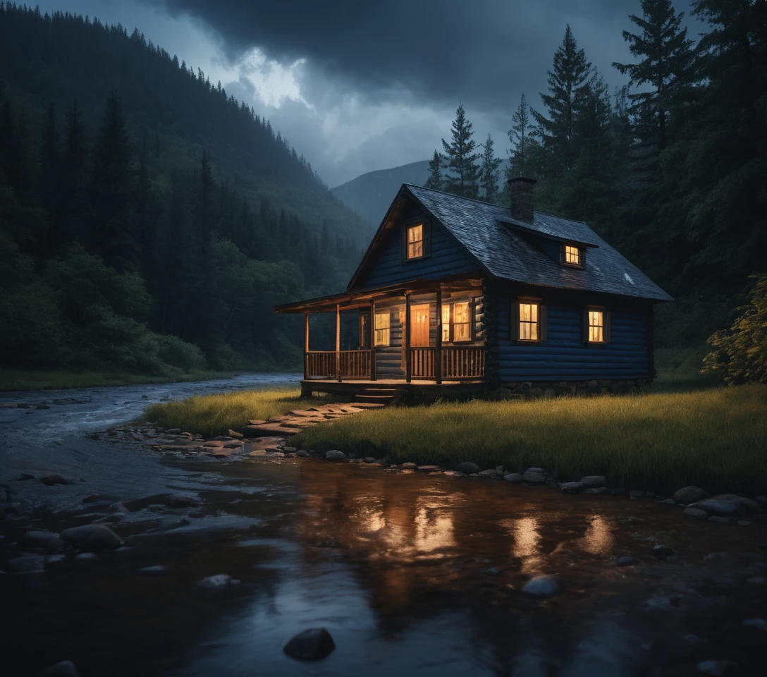 Cozy riverside cabin glowing in rain soaked twilight