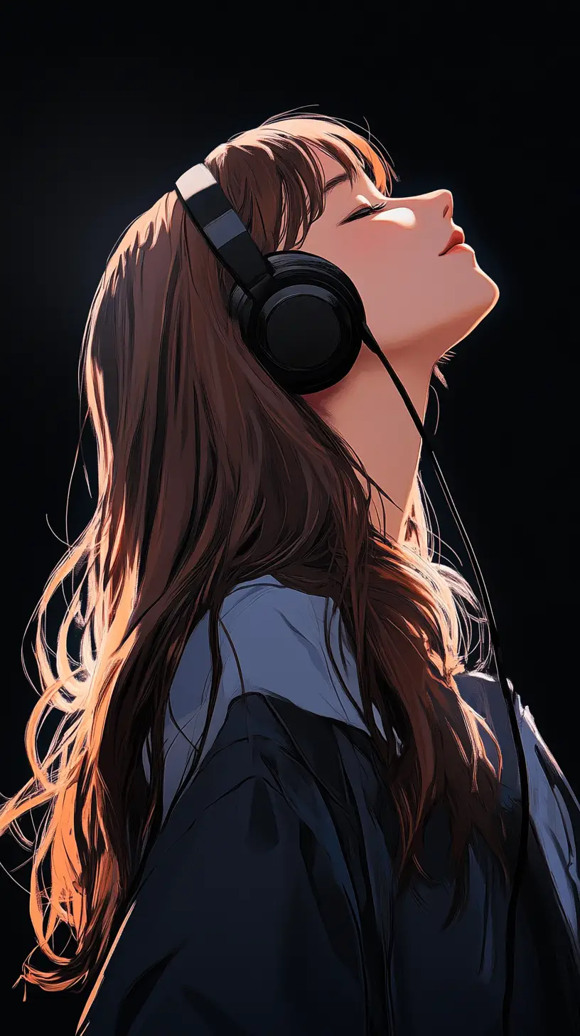 戲劇性逆光下聽音樂的動漫女孩