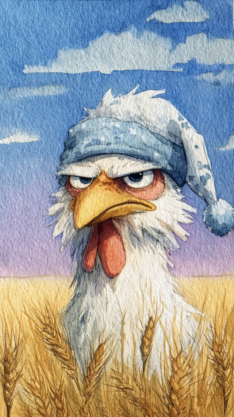 Schläfrige Henne gähnt in einem sonnigen Aquarell-Weizenfeld