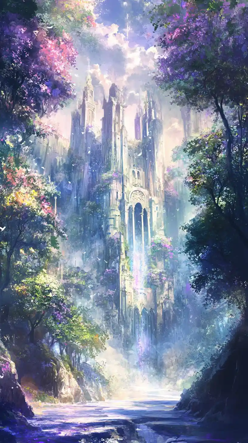 森林光影中的英勇女戰士與魔法城堡