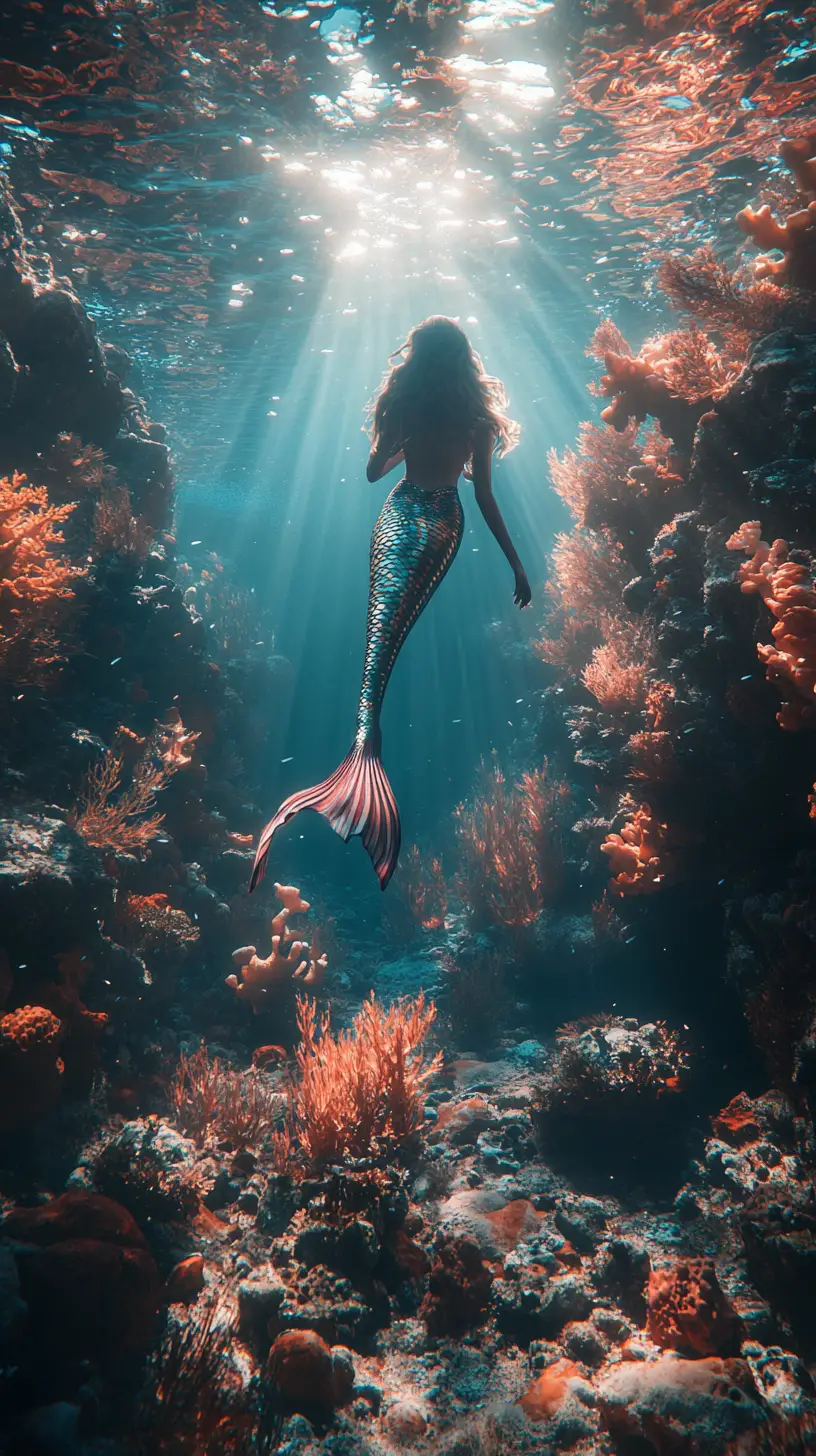 陽光珊瑚礁與黑暗深海深淵之間的美人魚