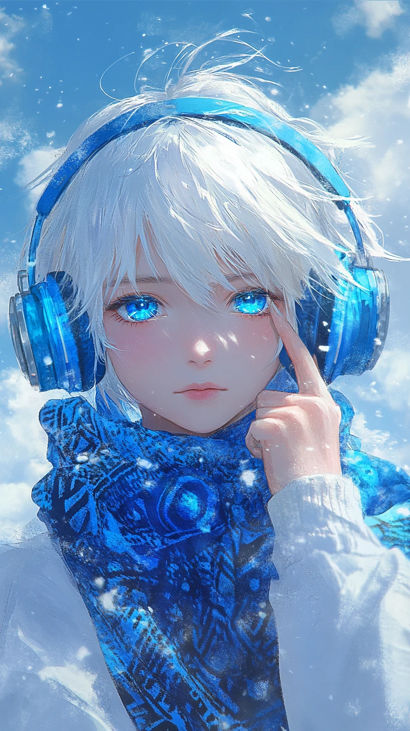 Anime girl with blue headphones under a glowing sky